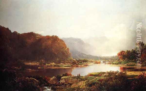 Fishermen in the Adironcacks, Hudson River Oil Painting - William Louis Sonntag
