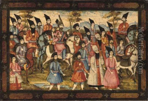 The Young Shah Seated On A White Horse With Courtiers And Qajar Noblemen On Horseback And On Foot Oil Painting - Nasir Al-Din Shah