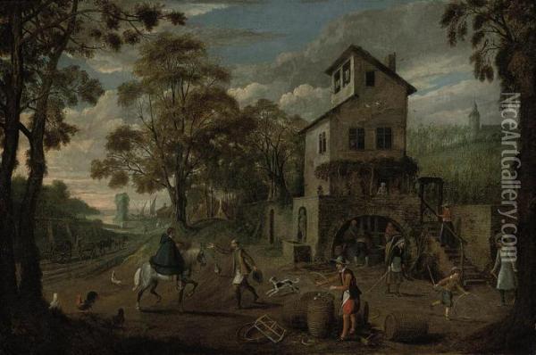 Autumn: A Village Landscape With
 A Cooper At Work And Peasantspressing Grapes, A Vineyard Beyond Oil Painting - Sebastien Vrancx