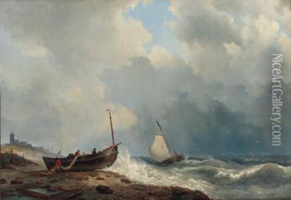 Fishing Boats Off The Coast Oil Painting - Hermanus Koekkoek