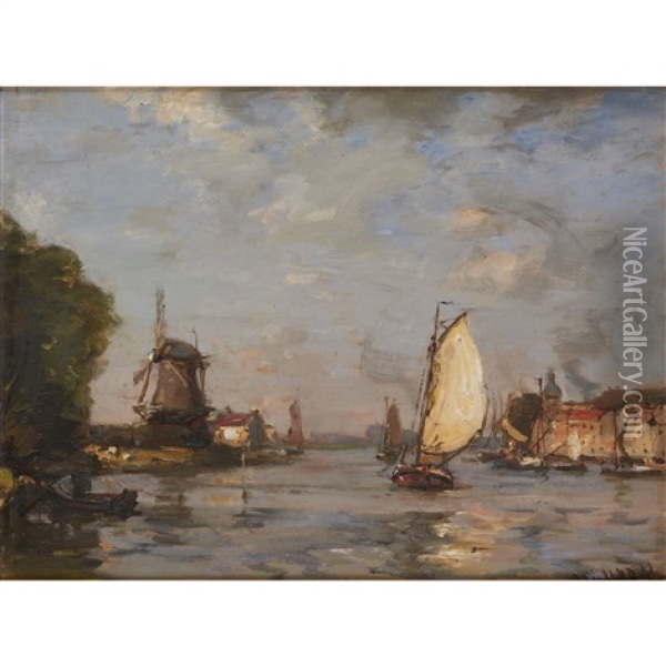 Barges On A Dutch Canal Oil Painting - James Campbell Noble