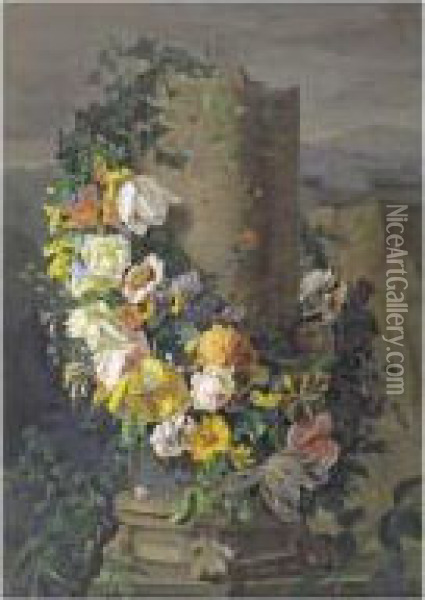 Guirlande De Fleurs Entourant Une Colonne Oil Painting - Simon Saint-Jean