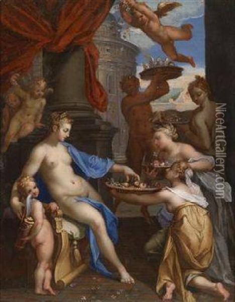 Venus Accompanied By Cupid Being Presented With Flowers And Fruit Oil Painting - Hans Rottenhammer