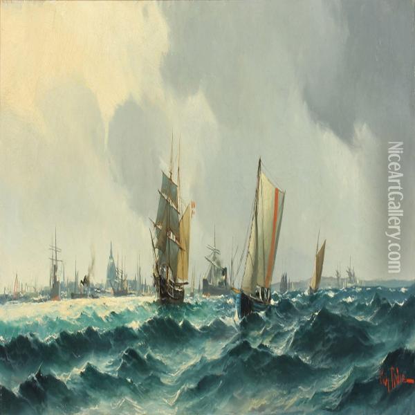 Numerous Ships On The Sound By Copenhagen Oil Painting - Vilhelm Bille