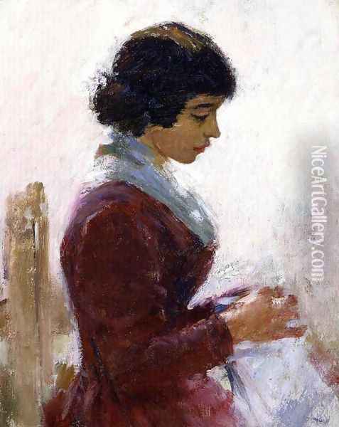 Girl In Red Sewing Oil Painting - Theodore Robinson