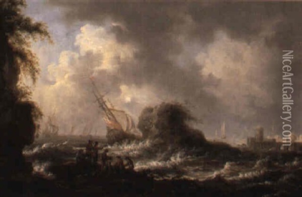 Stormigt Kustlandskap Med Skeppsbrott Oil Painting - Johann Caspar Huber