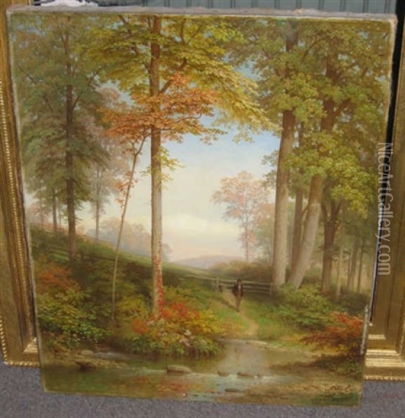 Figure On A Path In Autumn, Distant Clearing Oil Painting - William H. Willcox