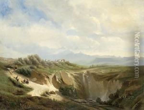 Idyllische Sudliche Gebirgslandschaft Mit Wasserfall Oil Painting - G. Mayer