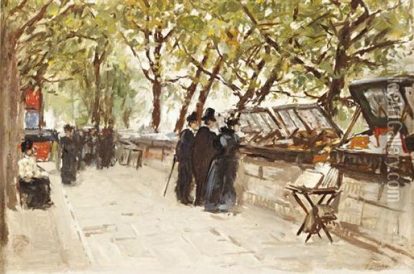 Market Stalls Along The Seine Oil Painting - Gaspar Miro Y Lleo