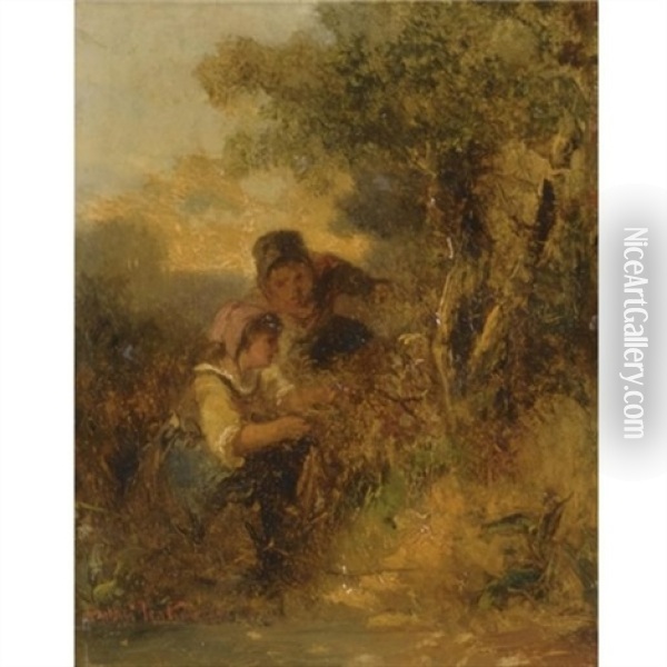 Deux Jeunes Paysannes Cueillant Des Fleurs Oil Painting - Mari ten Kate