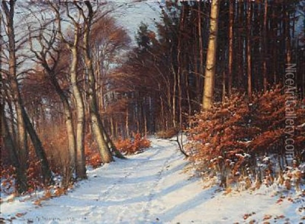Snowy Forest Path Oil Painting - Sigvard Marius Hansen
