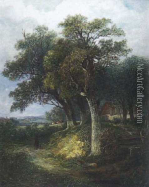 Man And His Dog On A Path Near Colney, Norwich Oil Painting - David Hodgson