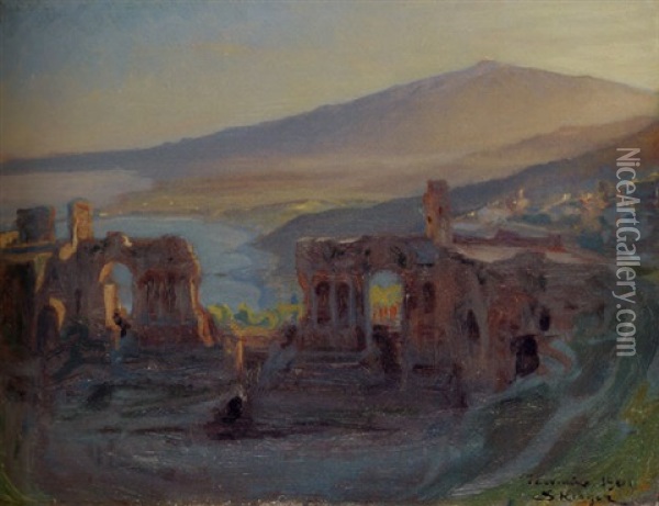 The Greek Theatre, Taormina With Mount Etna In The Distance Oil Painting - Peder Severin Kroyer