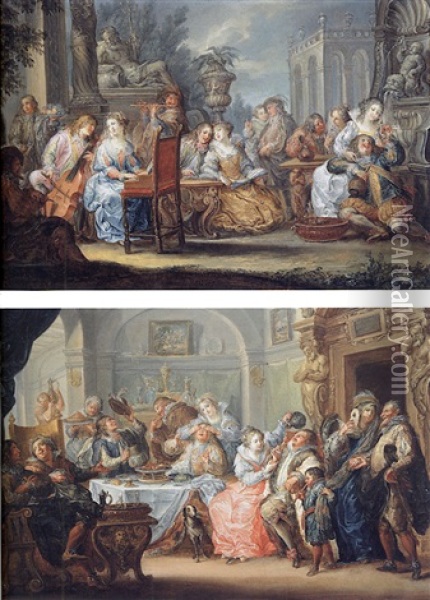 Interior With Elegant Figures In Masquerade Costume Feasting Oil Painting - Johann Georg Platzer