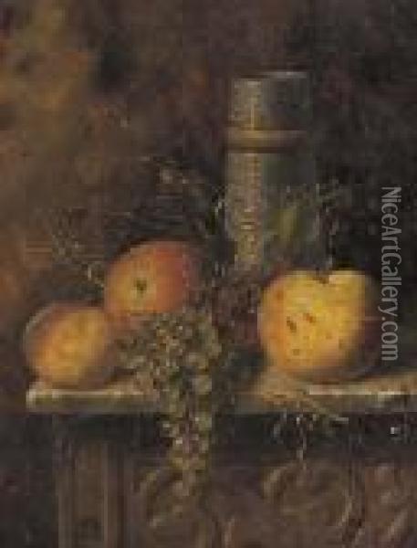 Still Life With Fruit And Vase Oil Painting - William Michael Harnett