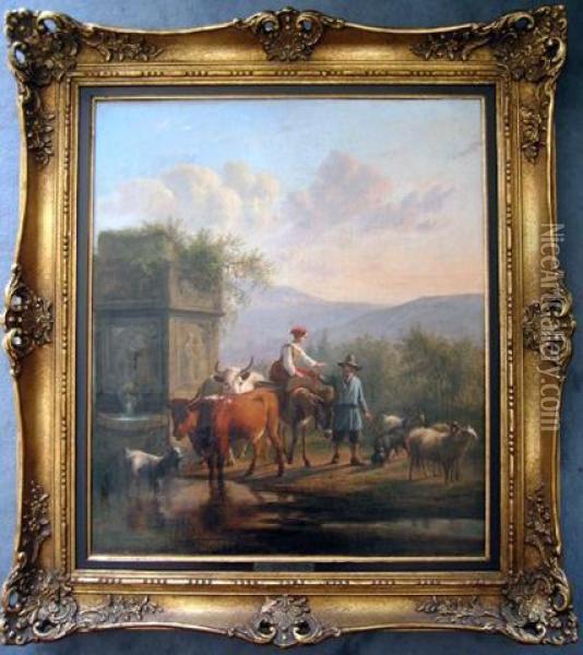 Hirtenpaar Mit Kuhen Und Schafen In Italienischer Landschaft Oil Painting - Joseph Augustus Knip