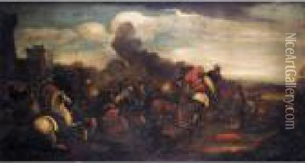 A Battle Scene With Cavaliers And Infantry Fighting Before A Fortified Town Oil Painting - Jacques Courtois Le Bourguignon