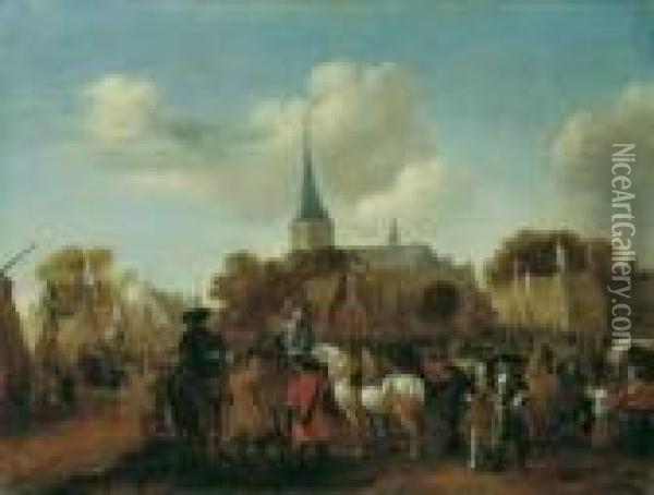 Marktplatz Mit Soldaten Und Reitern. Oil Painting - Pieter Wouwermans or Wouwerman