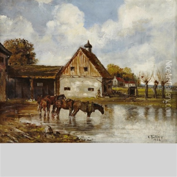 Horses Cooling Their Feet After A Day Of Plowing Oil Painting - Charles Tulley