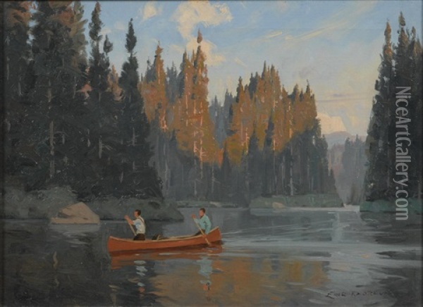 A Lake Scene With With Two Figures Canoeing In The Foreground Oil Painting - Eric Riordon