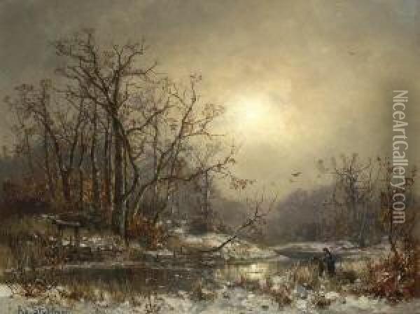 Winterliche
 Bachlandschaft. Oil Painting - Adolf Stademann
