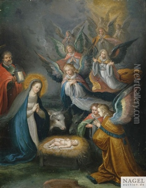 Die Heilige Familie Mit Engeln In Anbetung Des Kindes Oil Painting - Cornelis de Baellieur the Elder