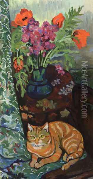Cat Lying in front of a Bouquet of Flowers Oil Painting - Suzanne Valadon