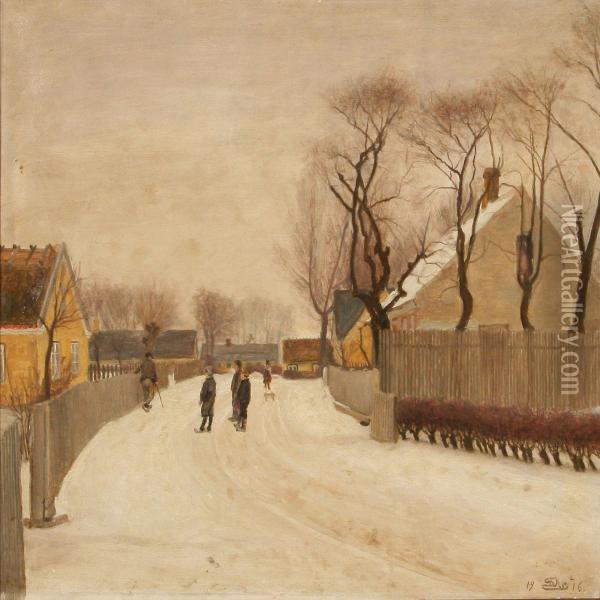 Playing Children In A Village, Winter Oil Painting - Soren Christiansen