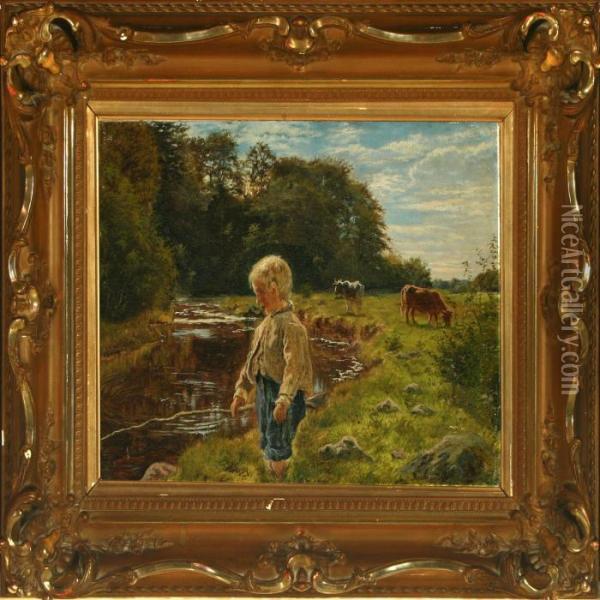 Fishing Boy Oil Painting - August Fischer
