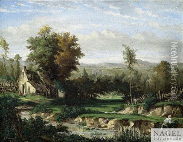 River Landscape With A Farmhouse Oil Painting - Auguste Allonge
