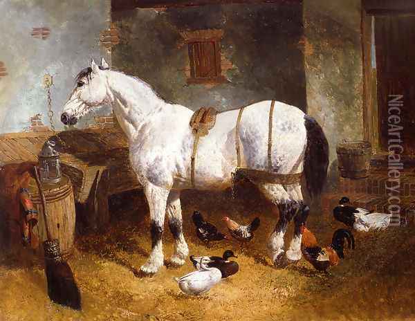 Horse and Poultry in a Barn Oil Painting - John Frederick Herring Snr