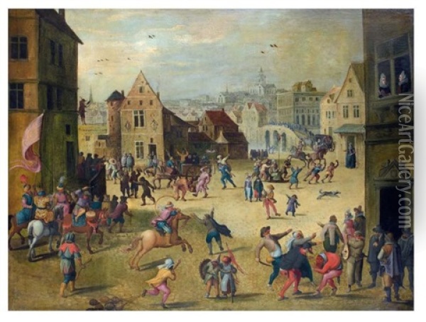 Scene De Carnaval Dans Un Village Des Flandres Oil Painting - Louis de Caullery