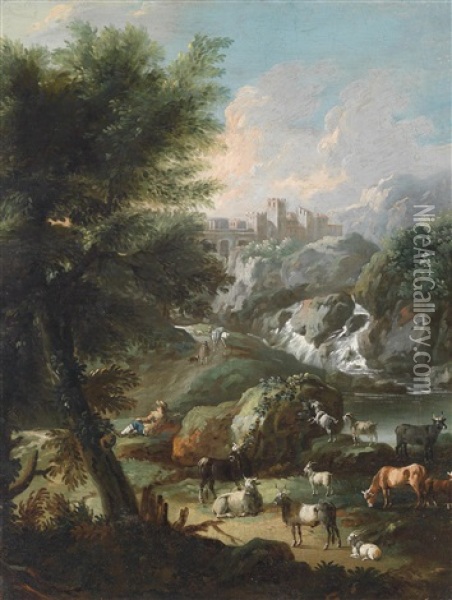 Campagnalandschaft Mit Hochgelegener Burg, Wasserfall Und Viehherde Oil Painting - Johann Melchior Roos