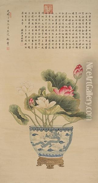 Lotus In A Pot Oil Painting - Dowager Empress Cixi