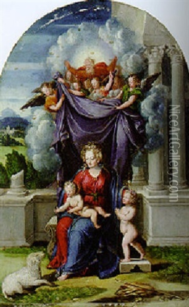 The Madonna And Child With The Infant Saint John The Baptist Revealed By God The Father And Angels Oil Painting - Camillo Filippi
