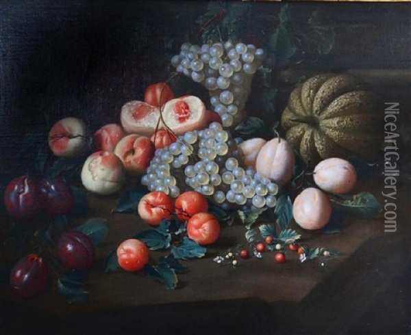 Still Life Of Grapes, Peaches, Plums And Melon Oil Painting - Johannes Rosenhagen