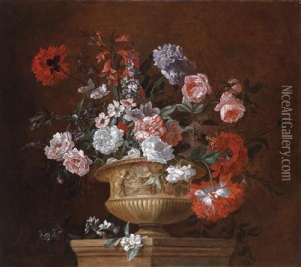 A Magnificent Floral Still Life In A Stone Vase Oil Painting - Pieter III Casteels