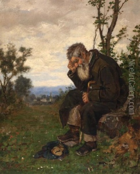 Man Seated In Contemplation In Landscape With Distant Village Oil Painting - Johann (John) J. Hammer