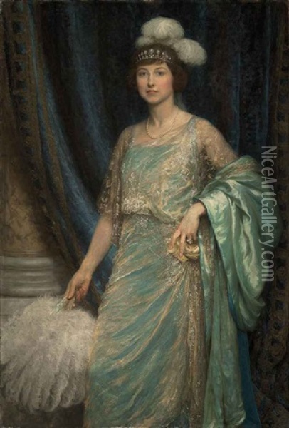 Portrait Of Mrs Norman Holbrook In A Turquoise Dress And A White Fan Oil Painting - Frank Dicksee