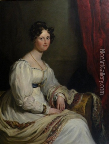 Portrait Of A Young Lady Wearing A White Dress With Blue Sash Seated In An Interior Oil Painting - George Hayter