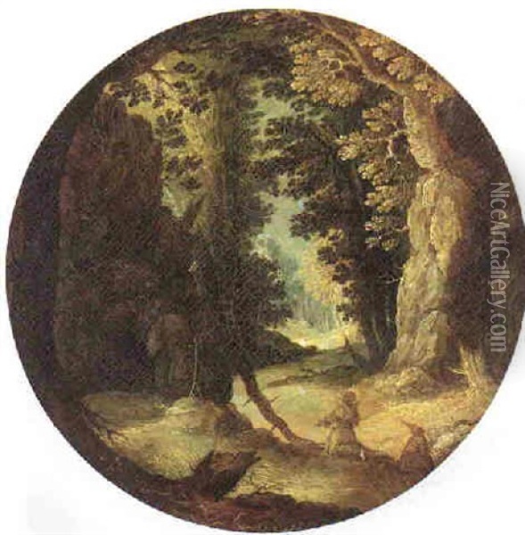 Two Hermits In A Rocky Wooded Landscape Oil Painting - Abraham Govaerts