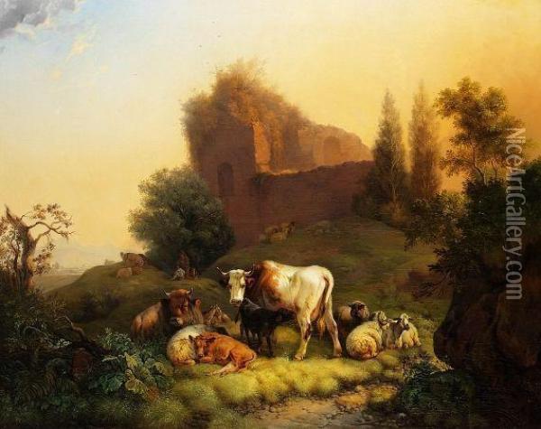 Kuhe Und Schafe Auf Der Weide Vor Einer Ruine Oil Painting - Wilhelm Melchior