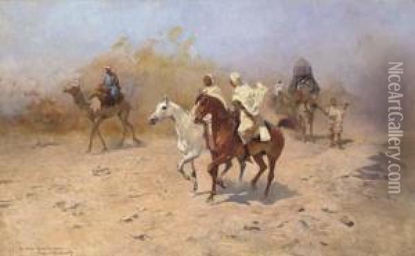An Arab Caravan In The Desert Oil Painting - Thaddaus von Ajdukiewicz