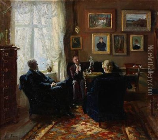 Interior Of A Living Room With Three People Talking Oil Painting - Marie K. H. Tannaes