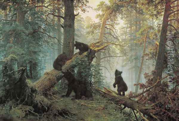 Shishkin's landscape Morning in the Pine Forest (1886) Oil Painting - Konstantin Apollonovich Savitsky