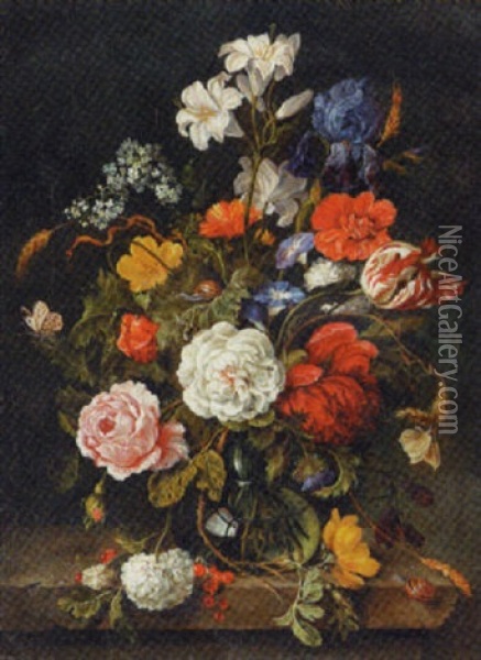 Roses, Lilies, A Parrot Tulip, An Iris And Other Flowers In A Glass Vase, With A Butterfly And Other Insects On A Marble Ledge Oil Painting - Jan Davidsz De Heem