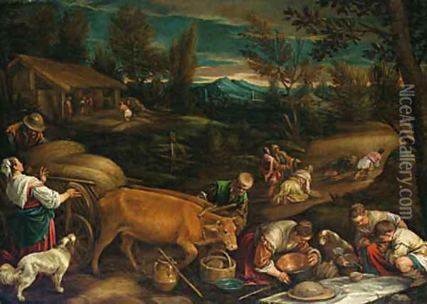 Summer a wooded landscape with peasants harvesting, a meal being laid out in the foreground Oil Painting - Jacopo Bassano (Jacopo da Ponte)
