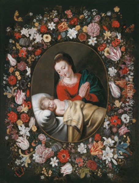 Die Madonna Mit Dem Schlafenden Christusknaben In Einem Kranz Aus Rosen, Tulpen, Lilien Und Anderen Blumen Oil Painting - Andries Daniels