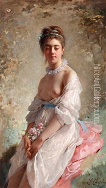 A Beauty With A Bouquet Oil Painting - Charles Joshua Chaplin