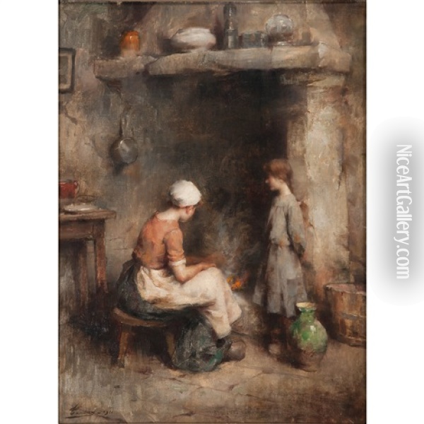 By The Hearth Oil Painting - Henri Adrien Tanoux